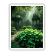 Enchanted Clover Garden with Gothic Gazebos and Sunlit Mist: a digital artwork or sticker depicting lush green plants, intricate gazebos, and a serene park path.