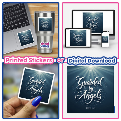 Collage featuring the Guarded by Angels – Exodus 23:20 Christian Sticker or Clipart with close-ups of laptops and hands, highlighting its use as a unique decorative element.