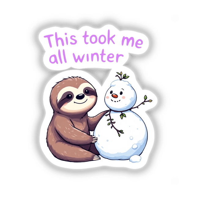 Sloth winter: A cartoon sloth joyfully hugs a snowman, available as vinyl stickers or digital artwork from Decal Venue.