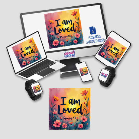 I Am Loved - Romans 5:8 sticker or clipart featuring a computer monitor, laptop, tablet, and smartwatch displaying floral designs, representing uplifting Bible verse art with commercial rights.