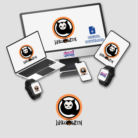 Cat icon Halloween sticker or digital artwork: computer monitor, laptop, cellphone, mouse pad, and smartwatch displaying the cat logo from Decal Venue.