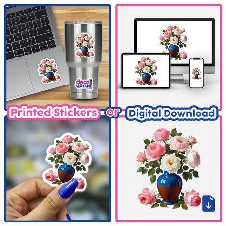 Beautiful Flower Bouquet Clipart - Pink and White Roses in Vase - Stickers or Download with Commercial Rights, featuring a laptop with a sticker and a vase of flowers.