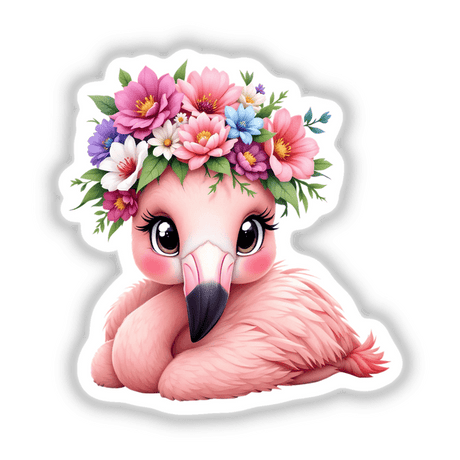 Adorable Flamingo with a Flower Crown, a charming cartoon illustration available as stickers or digital artwork, showcasing a whimsical flamingo adorned with colorful flowers on its head.