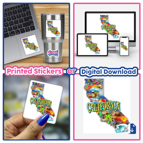 Colorful digital artwork showcasing the diversity of California, available as printed stickers or digital downloads on various devices, presented by the Decal Venue online store featuring unique designs by talented artists.