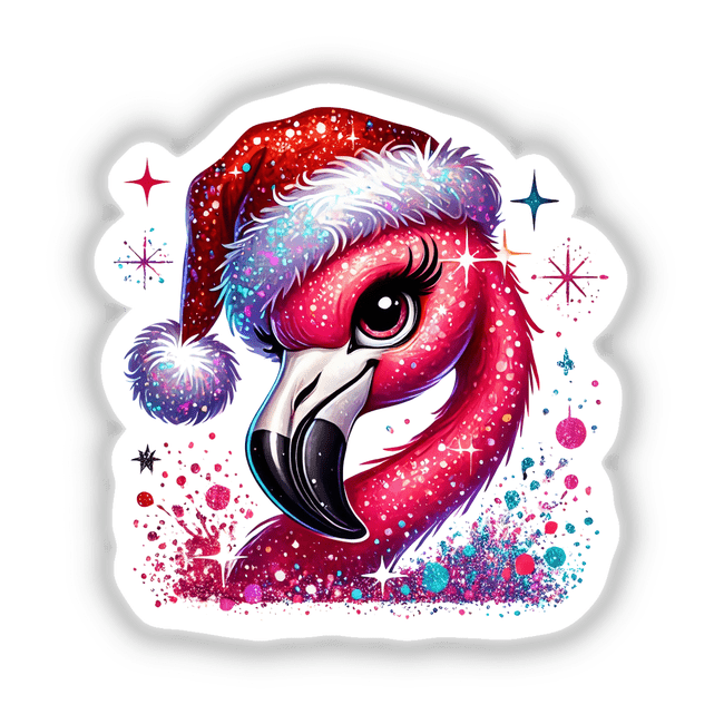 Pink Santa Christmas Flamingo illustration featuring a pink flamingo adorned with a Santa hat, available as stickers or digital artwork. Ideal for festive decoration from Decal Venue's unique collection.