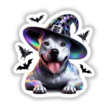 Cheerful Pitbull dog in colorful Halloween witch hat with bats