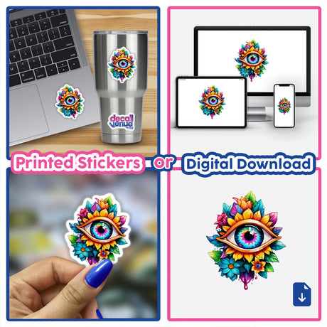 Collage featuring the Floral Rainbow Third Eye: Sticker Design on laptops, cups, and monitors, showcasing vibrant eye and flower patterns available as unique stickers or digital artwork.