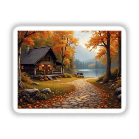 Cozy Autumn Pathway Lakeside Cabin- iPad Pro 12.9 Wallpaper & Stickers | Download with Full Rights. Features a log cabin by a lake, stone path, and autumn trees.