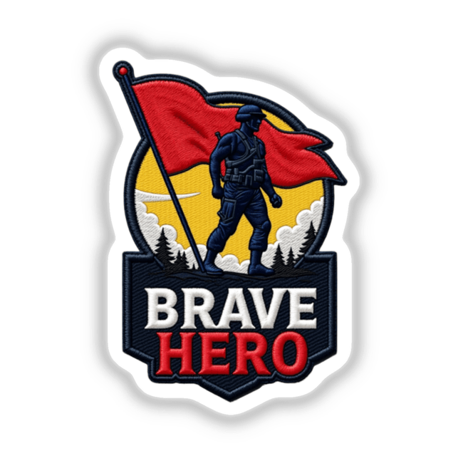 BRAVE HERO 0007 sticker or digital artwork featuring a logo of a soldier holding a flag, representing valor and patriotism.