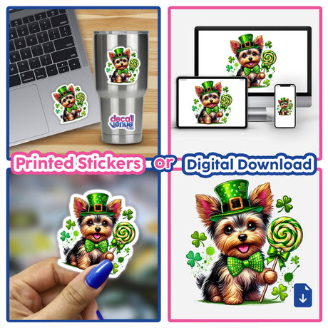 St Patricks Irish Yorkie Dog Holding Lollipop sticker shown on a laptop and cup; features a cartoon dog with a hat and bow tie, available as stickers or digital artwork.