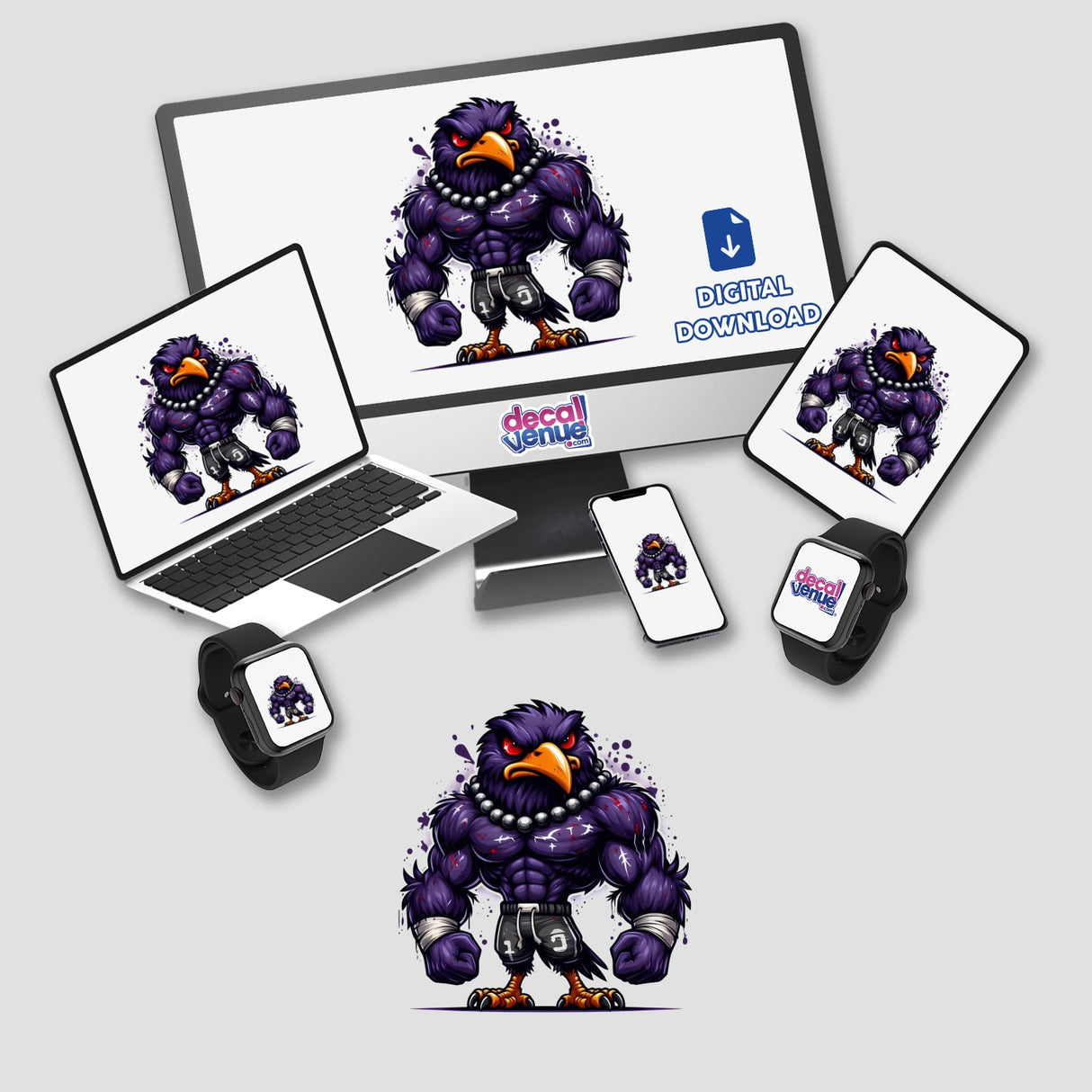 Muscular Purple Flocked Raven Football Bird displayed on various electronic screens, showcasing its availability as stickers or digital artwork. The cartoon character features prominently across devices, highlighting its digital versatility.