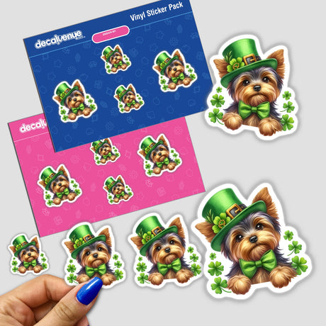 Stickers featuring a cartoon Yorkie dog in a green hat and bow tie, themed for St Patrick's Day, available as stickers or digital artwork from Decal Venue.