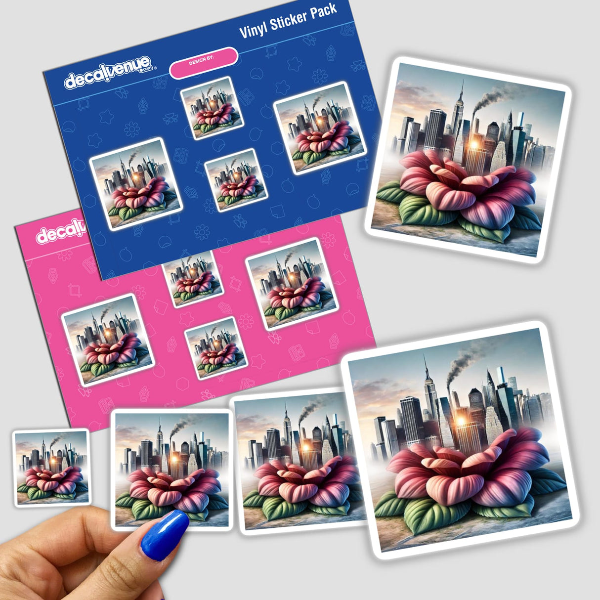 Metropolis Bloom - A City Skyline Growing from a Flower sticker pack featuring vibrant flowers intertwined with detailed cityscapes.