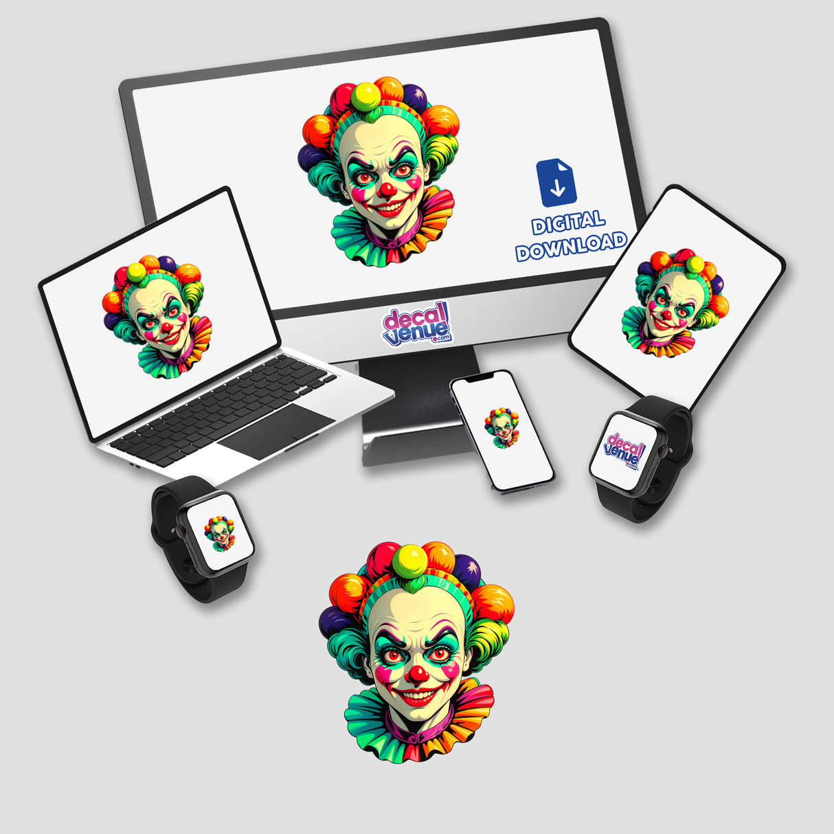 A Crazy Clown Girl displayed on a computer monitor and laptop, showcasing quirky clown faces. Available as unique stickers or digital artwork, reflecting Decal Venue's distinctive style.