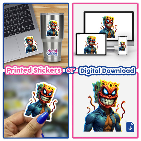 Alien Mutant Superhero Villain sticker displayed on a laptop, showcasing a cartoon character with a large mouth. Available as stickers or digital artwork from Decal Venue.