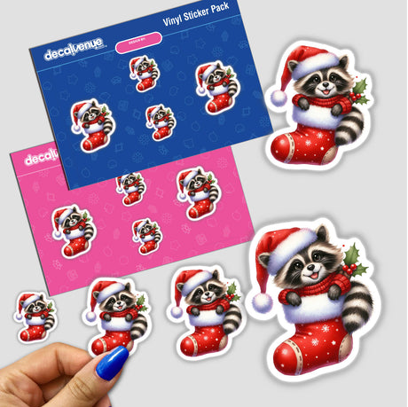 Peeking Santa Raccoon in Sweater Christmas Stocking sticker shows a cartoon raccoon wearing a Santa hat and nestled in a festive stocking, available as a sticker or digital artwork.