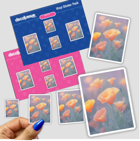 Hand holding a sticker pack titled Dreamy Pastel California Poppies in Gentle Bloom, featuring detailed floral designs, perfect for enhancing creative projects.