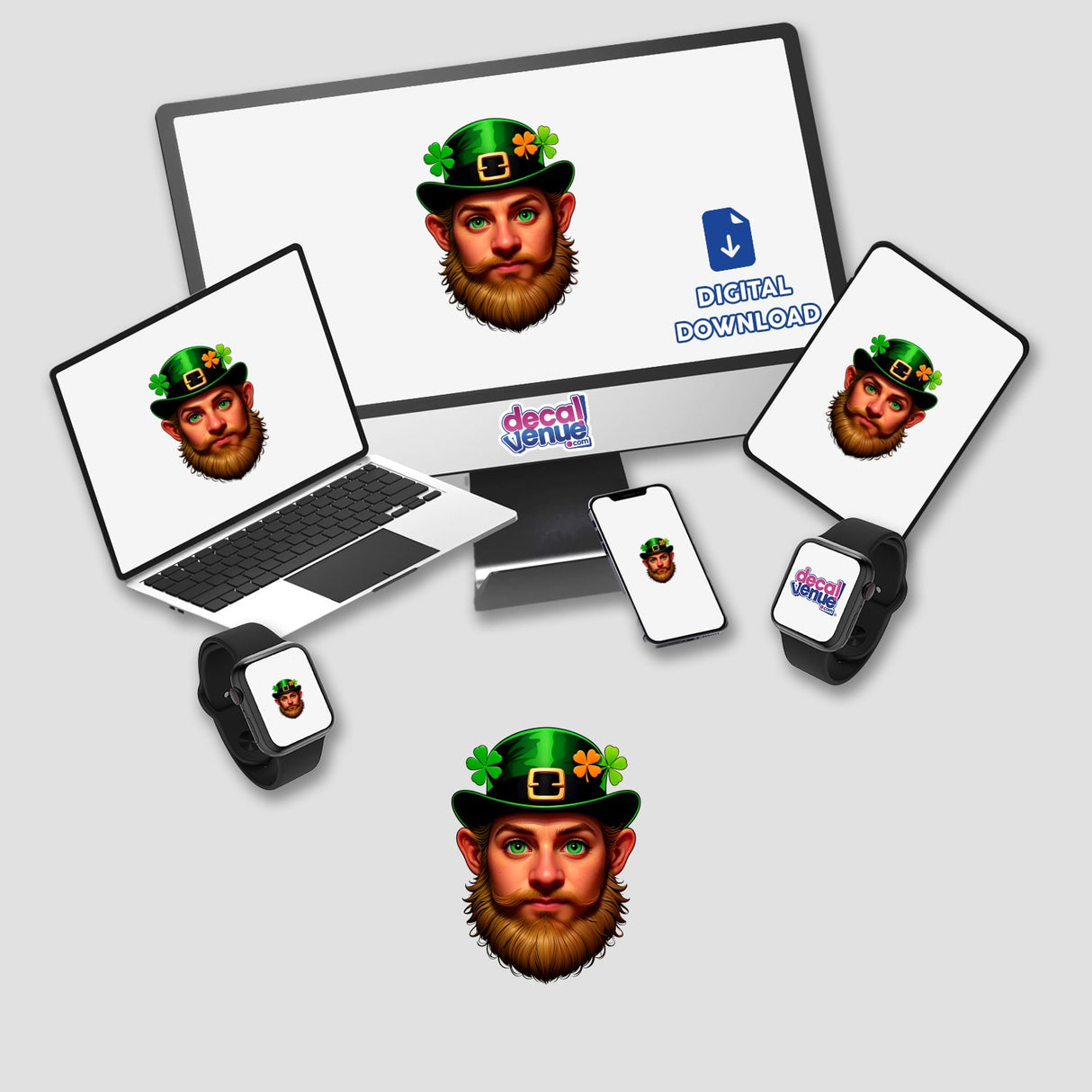 St. Patrick's Day Leprechaun stickers or digital artwork featuring leprechaun faces on a computer monitor and laptop, ideal for festive and unique decor.