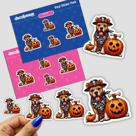 Halloween Pitbull Dog and Pumpkins sticker featuring cartoon dogs in hats and bandanas, pumpkins with faces and bones, and a close-up of a finger pointing at the design.