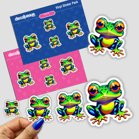 A Colorful Jungle Frog sticker, featuring a cartoon frog with big eyes, perfect for adding a playful touch to your collection. Available at Decal Venue, known for unique stickers and digital art.