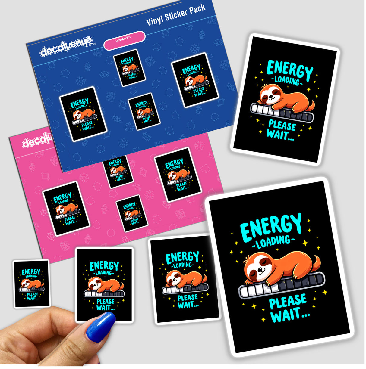 Energy Loading Please Wait Cute Sloth Quote sticker, featuring a hand holding a sloth sticker, ideal for unique decorative purposes. Available as both physical stickers and digital artwork.