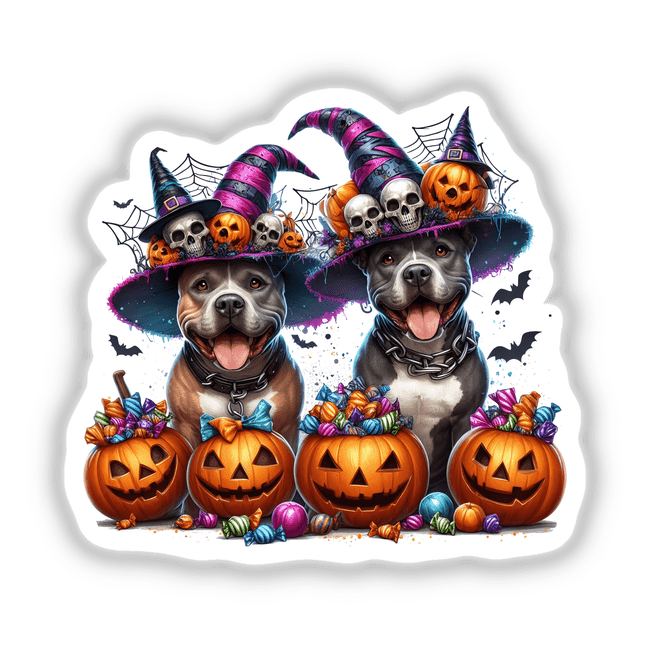 Happy Halloween Pitbull Trick or Treat Dogs features two pitbulls in hats and pumpkins, available as stickers or digital artwork. Perfect for adding festive charm to your collection.