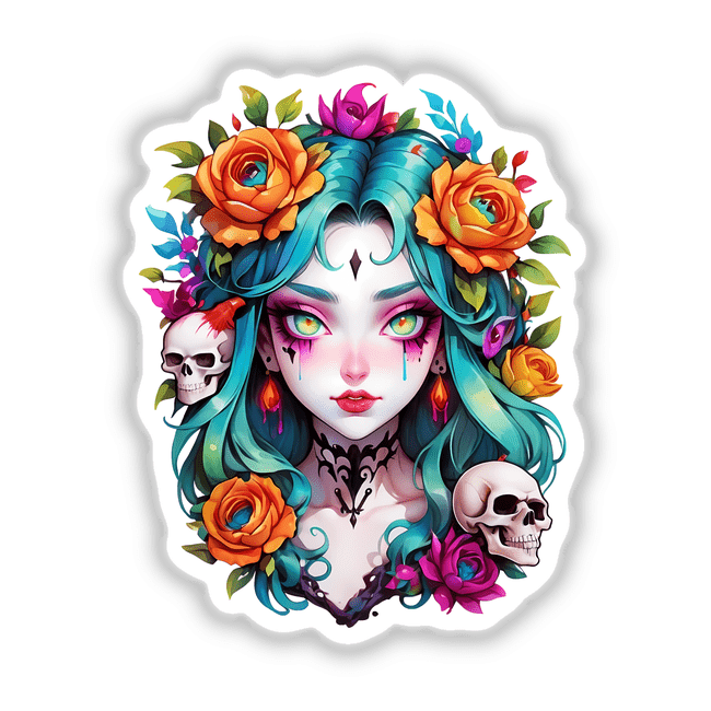 Cosmic Enchantress Halloween Skulls: Anime Portrait Sticker Design featuring a cartoon woman with blue hair, surrounded by flowers and skulls, ideal for unique decoration or digital art.