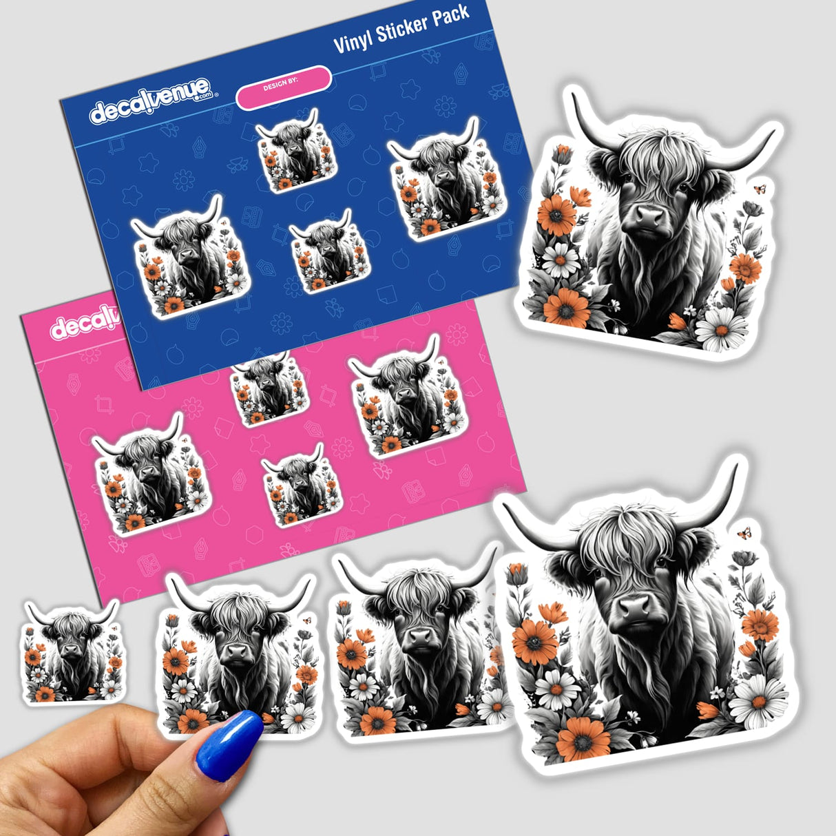 Highland Cow Floral Accents PA04 sticker featuring a cartoon cow with horns surrounded by flowers, available as a sticker or digital artwork from Decal Venue.