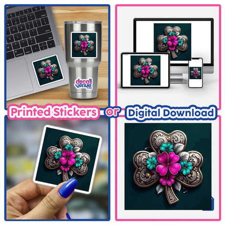 Ornate Silver Shamrock with Vibrant Floral Accents featured in a collage, showcasing its intricate design as both vinyl stickers and digital artwork, perfect for decoration or digital use.