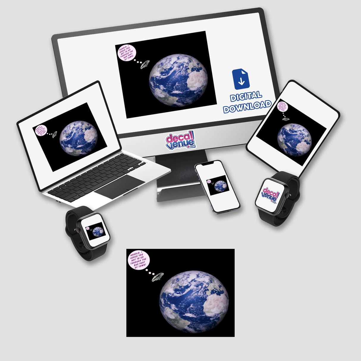 Computer monitor and laptop displaying a globe, titled BAD PART OF TOWN, available as stickers or digital artwork.