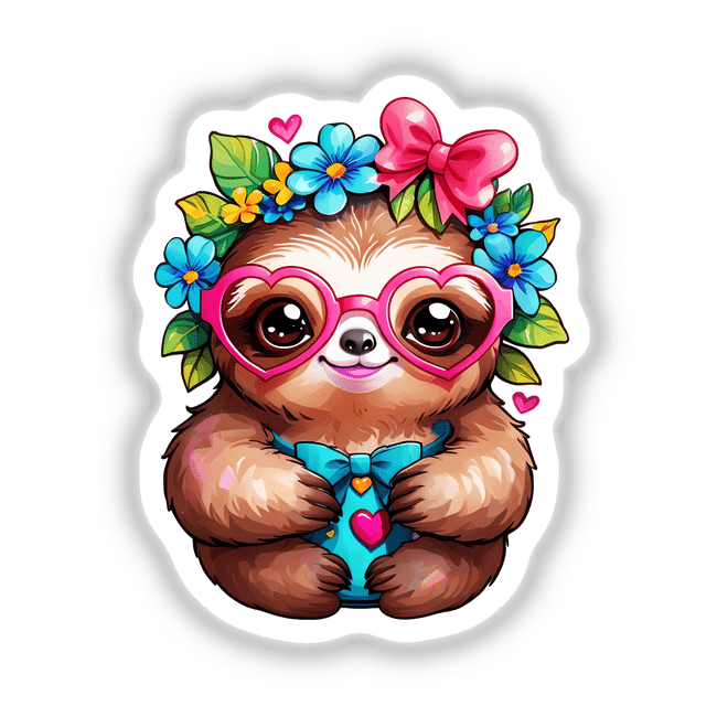 Cute sloth in heart-shaped glasses, adorned with a flower crown, holding a pink bow and surrounded by colorful flowers. Available as stickers or digital artwork.