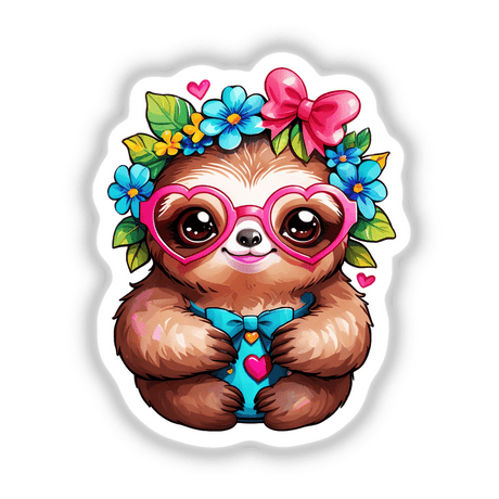 Cute sloth in heart-shaped glasses, adorned with a flower crown, holding a pink bow and surrounded by colorful flowers. Available as stickers or digital artwork.