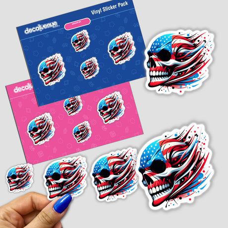 American Flag Skull stickers featuring a skull design with an American flag motif. Available as stickers or digital artwork, ideal for enthusiasts of unique vinyl designs from Decal Venue.