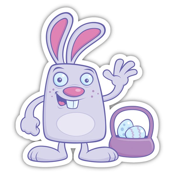 Cartoon Easter Bunny with egg basket sticker, perfect for festive decoration.