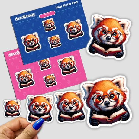 Red Panda With Reading Glasses Open Book sticker, featuring a cartoon red panda engrossed in a book. Part of a sticker pack with cartoon animals reading, available as stickers or digital artwork.