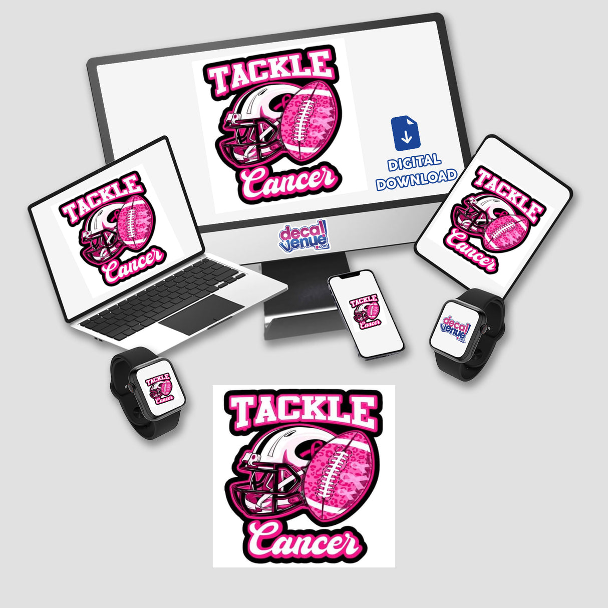 Gold Breast Cancer Series 5: A computer monitor and laptop display a pink football helmet logo, available as unique stickers or digital artwork from Decal Venue.