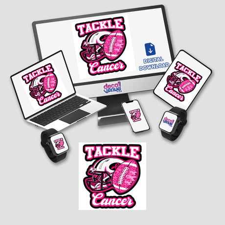 Gold Breast Cancer Series 5: A computer monitor and laptop display a pink football helmet logo, available as unique stickers or digital artwork from Decal Venue.