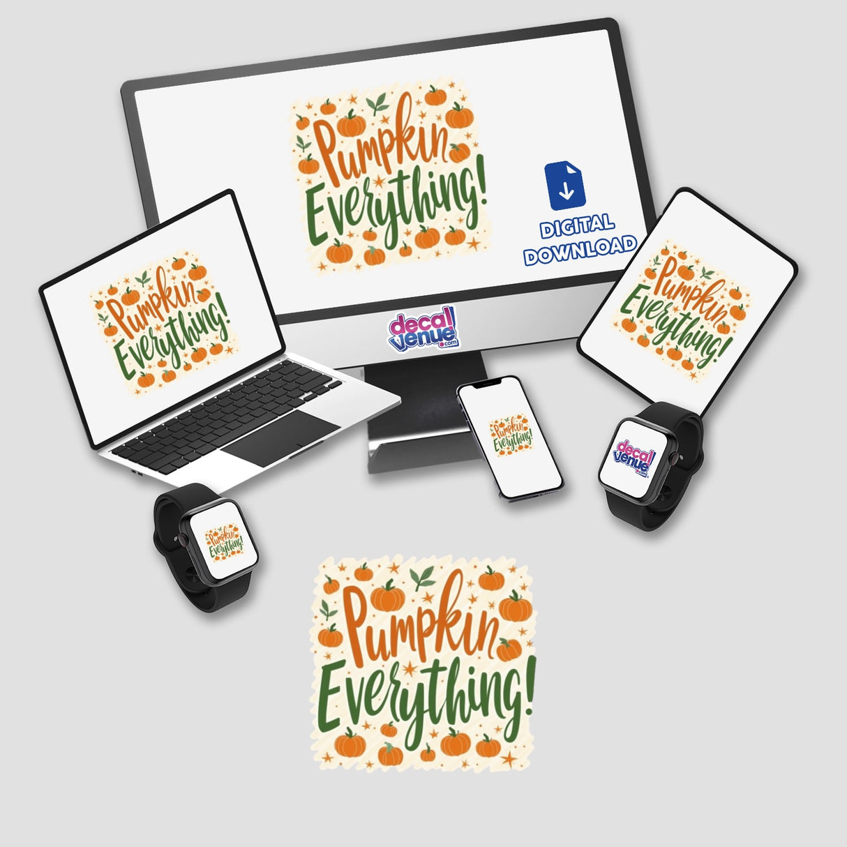 Pumpkin Everything! Fall Sticker features pumpkins and leaves, perfect for autumn-themed digital artwork or stickers, available with commercial rights. Ideal for seasonal decor or creative projects.