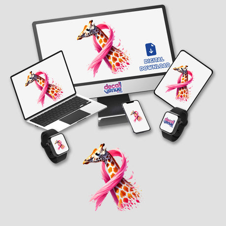 Giraffe Pink Ribbon Breast Cancer digital artwork and stickers featuring a giraffe with a pink ribbon on screens of various devices, including a laptop and monitor.