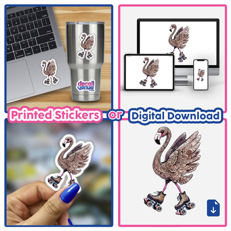 Flamingo on Roller Skates with Intricate Feather Details sticker collage, featuring close-ups on a laptop and cup, showcasing the whimsical flamingo design available from Decal Venue.