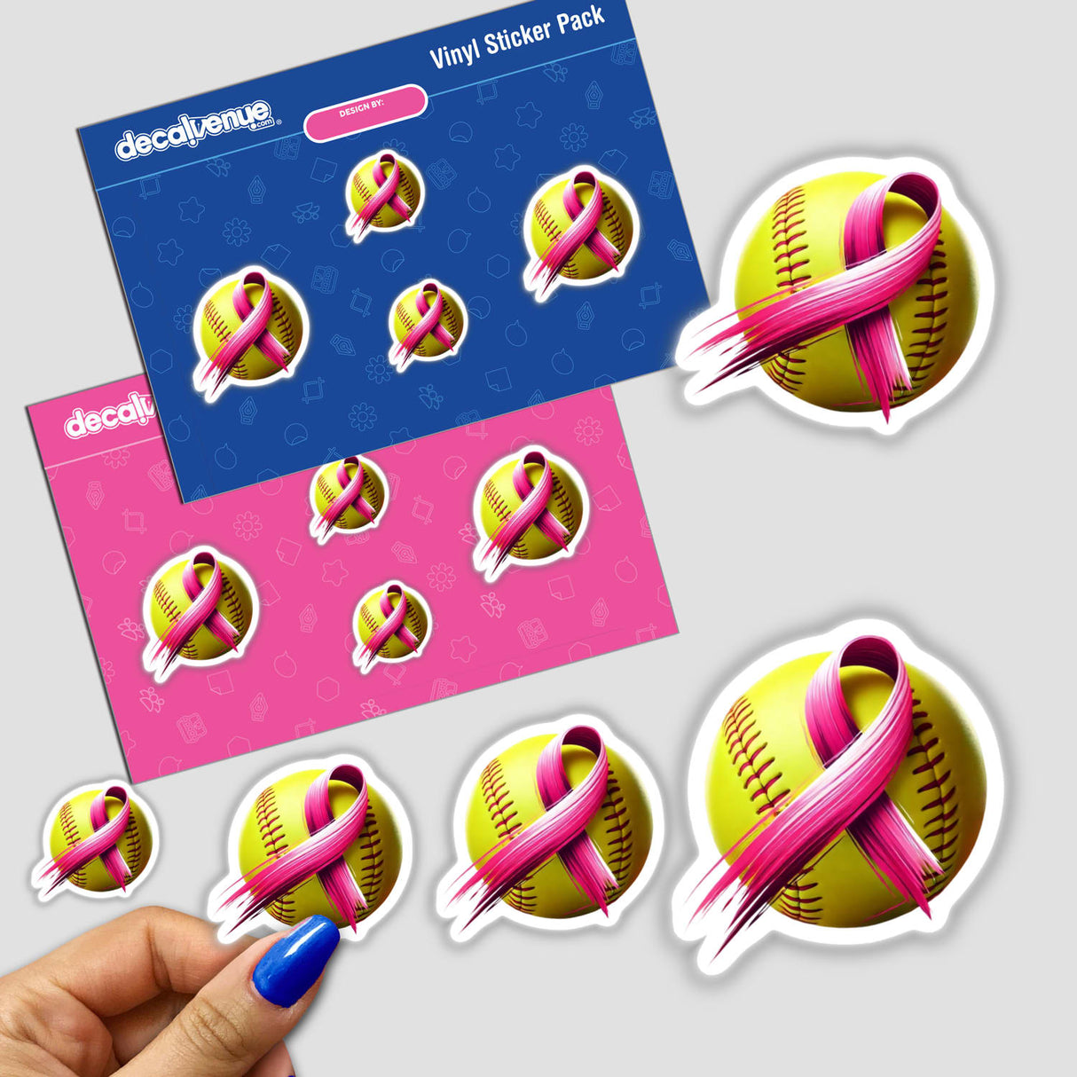 Sticker pack of yellow softballs with pink ribbons for Breast Cancer awareness, available as stickers or digital artwork from Decal Venue.