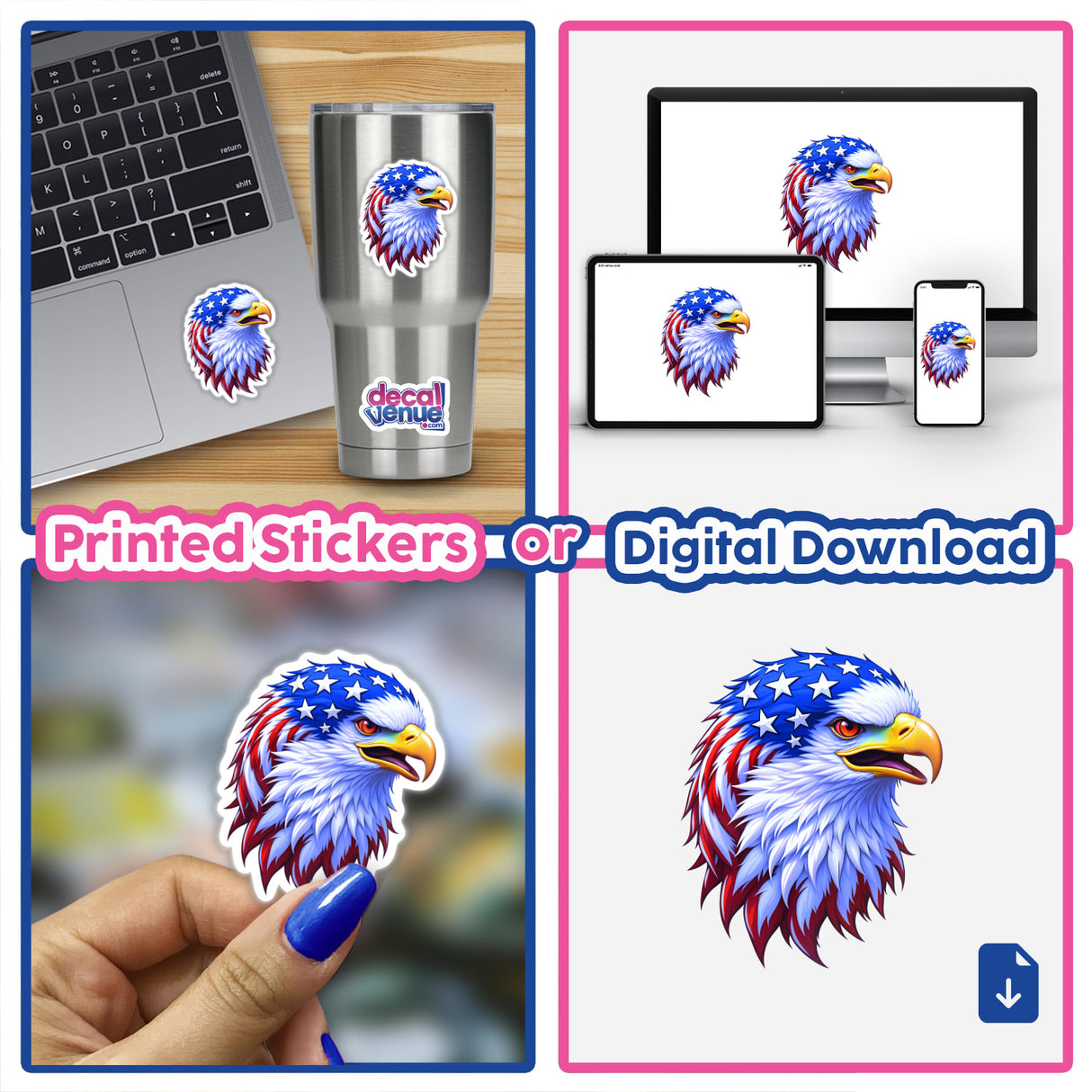 Collage of A Cool American Flag Eagle stickers, featuring a bald eagle with stars and stripes, displayed on a laptop, cup, and held in hand, available as stickers or digital artwork.