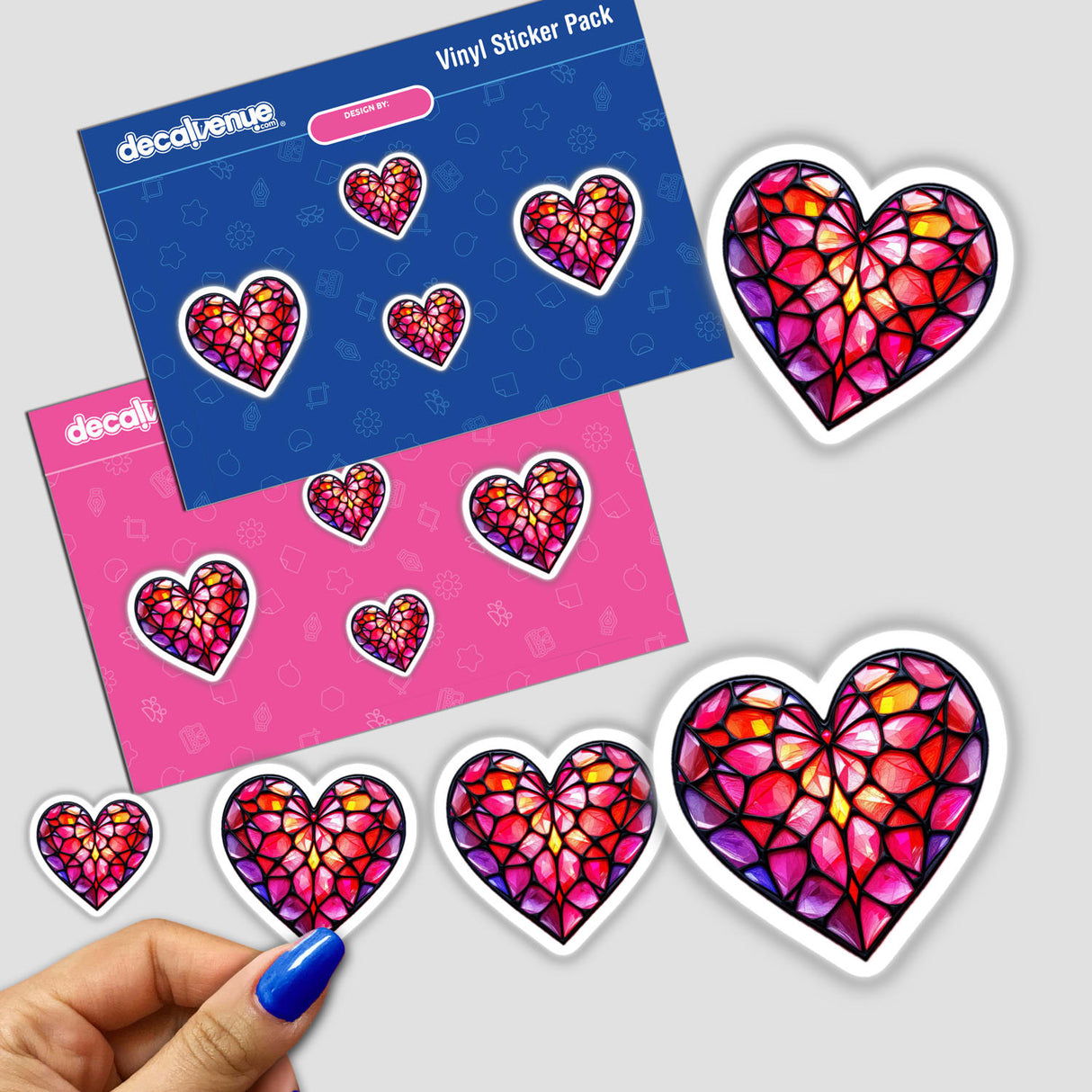 Heart Stained Glass Style stickers featuring intricate heart patterns, available as unique stickers or digital artwork, showcasing detailed designs perfect for Valentine's Day or art lovers.