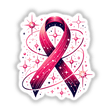 Pink Ribbon and Stars Breast Cancer Awareness sticker or digital artwork featuring a pink ribbon adorned with stars and swirls.