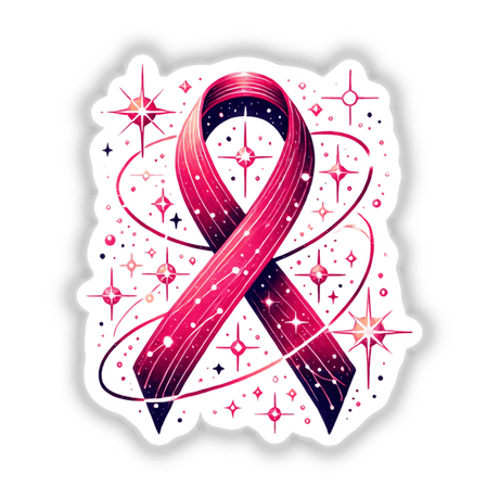 Pink Ribbon and Stars Breast Cancer Awareness sticker or digital artwork featuring a pink ribbon adorned with stars and swirls.