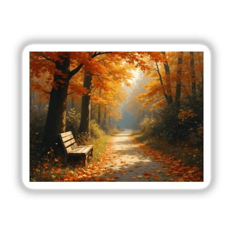 Beautiful Autumn Forest Path - iPad Pro 12.9 Wallpaper & Stickers | Downloadable with Rights, featuring a wooden bench on a leaf-strewn path surrounded by trees in a serene autumn forest.