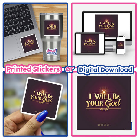 I Will Be Your God – Exodus 6:7 Christian Sticker or Clipart, featuring a laptop adorned with the sticker, highlighting its spiritual theme and available as both physical and digital art.