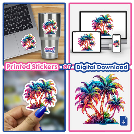 Colorful digital artwork depicting vibrant neon palm trees, displayed on a laptop, smartphone, and as a printed sticker in a hand. The product showcases the versatility of the digital download, which can be used for various applications such as device skins, stickers, and digital art.