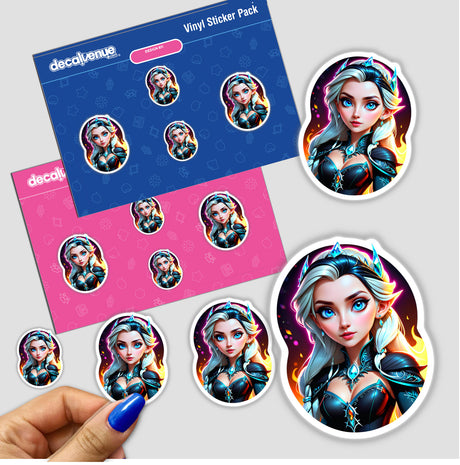 Sticker pack featuring the An Evil Queen Anime Girl design, showcasing cartoon-style illustrations of a female character. Available as a vinyl sticker or digital artwork from Decal Venue.