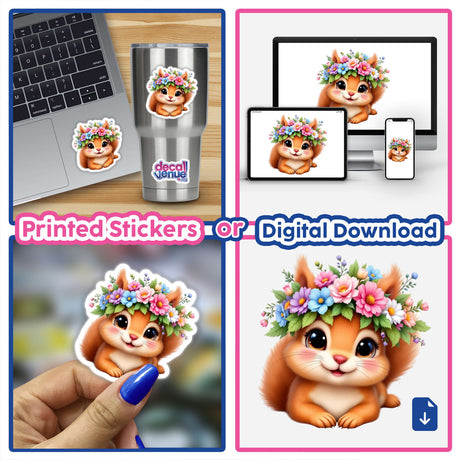 Charming Squirrel with a Flower Crown sticker, featuring a cartoon squirrel adorned with flowers, available as unique decals or digital art from Decal Venue.